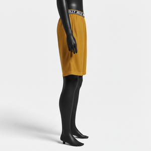 Short de basketball en maille polyester premium 180 GSM jaune moutarde avec patch chenille et bordure rayée tissée - Product Image 3