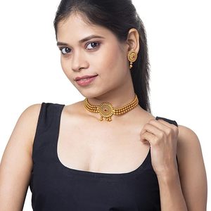 Gold Plated Imitation Pearl Choker Necklace Earring Set Ethnic Wedding & Party <b>Jewelry</b> for Women - Product Image 5