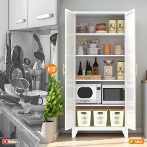 Armoire de salon avec 2 portes élégantes, armoire de rangement en métal de 71 pieds avec étagères réglables, blanche - Product Image 5