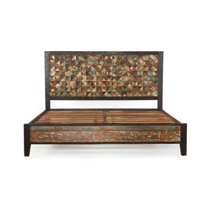 Midcentury Modern Recycled Wood Foldable Platform <b>Bed</b> King Size Handcrafted Geometric Design Distressed Finish Indian - Product Image 1