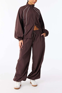 Women's brown windbreaker Waterproof Tracksuit set <b>Zipper</b> <b>Top</b> Jacket loose Pants white line piping windbreaker set modern women - Product Image 4