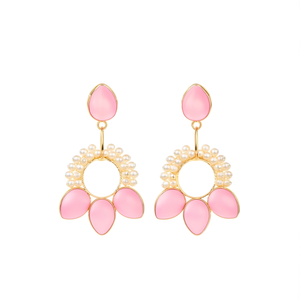 Pastel Pink Drop Charm Earrings with Pearls and Gold Plated Brass - Product Image 3