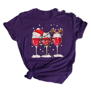 Custom Dark <b>purple</b> TShirt Women Holiday Graphic Festive Santa <b>Hat</b> Lights Reindeer print Fashion Short Sleeve t shirt apparel - Product Image 1