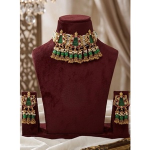 Pretty Premium Quality Gold Plated Heritage Rajwadhi Moissanite Necklace Earrings Set for Engagement Party Wear Trendy - Product Image 2