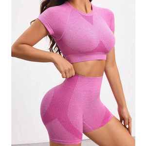 Seamless Women's Yoga Set Short Sleeve <b>Crop</b> <b>Top</b> & Scrunch Butt Gym Legging Shorts Fitness Gym Gear - Product Image 5