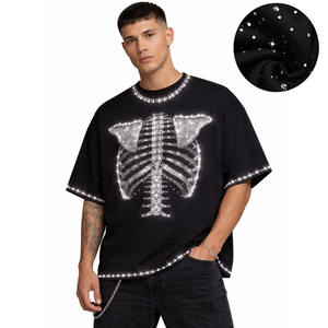 Men's Oversized Black <b>T</b>-<b>Shirt</b> With Rhinestone <b>Skeleton</b> Print Streetwear Short Sleeve O-Neck Cotton <b>T</b>-<b>Shirt</b> - Product Image 1