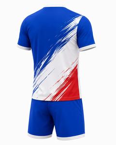 Ensemble de maillots de football pour hommes, bleu, blanc, rouge, sublimé, manches courtes, col rond, polyester respirant, logo personnalisé sur le devant - Product Image 2