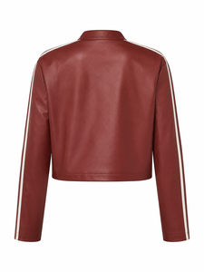 Blouson court en similicuir rouge bordeaux pour femme, style motard, col montant, poches zippées, rayures contrastées, vêtement d'extérieur décontracté et tendance, vente en gros - Product Image 2