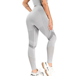 Women Yoga Set Solid Color Racerback <b>Crop</b> <b>Top</b> High Waist Full Length Leggings Seamless 2 Piece Set Breathable <b>Mesh</b> Design - Product Image 6