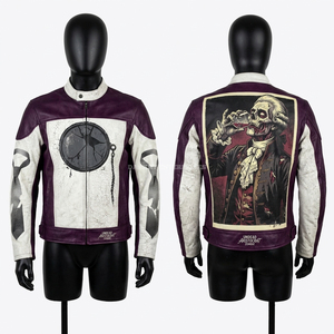 เสื้อแจ็คเก็ตหนังสไตล์นักแข่งสำหรับผู้ชายสีม่วงขาวลายกราฟิกซอมบี้ ดีไซน์แบบดิสเทรส แนวอัศวินผู้ดี สำหรับขี่มอเตอร์ไซค์ - Product Image 1