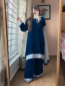 Ensemble Kurti et Palazzo en velours brodé de sequins avec dupatta en Georgette – Tenue de fête ethnique de luxe entièrement cousue - Product Image 2