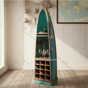 Support en bois de bateau récupéré et porte-bouteilles en verre, couleur naturelle, fait main, style vintage antique pour la maison, la cuisine et le salon - Product Image 3