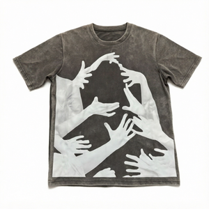 เสื้อยืดแขนสั้นสีเทาสำหรับผู้ชายพิมพ์ลายมือสีขาวคอกลมทรงลำลองแบบเจอร์ซีย์ - Product Image 2