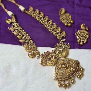 24K Gold Plated Peacock Heavy Work Bridal Jewelry Set - Product Image 2