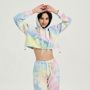 Venta al por mayor personalizado de las mujeres de manga larga Crop Top Hoodie Trending Tie Dye Print 100% algodón Streetwear patrón de dibujos animados para el invierno - Product Image 1