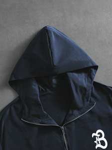 Conjunto de Chaqueta Cortavientos Ligera de Nailon para Hombre, Talla Grande, con Capucha y Cremallera, Estampado de Letras, y Pantalones con Ribete en Contraste - Product Image 5