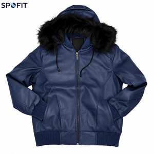 High Quality <b>Red</b> Hooded <b>Leather</b> <b>Jacket</b> <b>Men</b> Casual Winter Zip Up Biker Coat with Fur Trim Regular Fit - Product Image 2