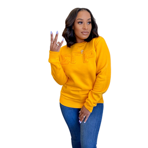 Sweat-shirt en chenille avec lettres grecques Sigma Gamma Rho en or, broderie pour femmes, mélange de coton, manches longues, coupe élégante - Product Image 1