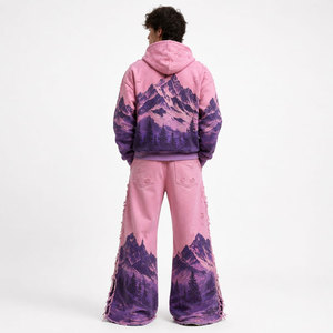 Survêtement unisexe marron et blanc à capuche avec fermeture éclair intégrale, style streetwear ample, imprimé motif château, pour l'automne - Product Image 6