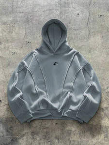 Sweat à capuche homme en molleton épais délavé bleu-gris, coupe oversize, avec empiècements, logo frontal, style streetwear décontracté, automne-hiver - Product Image 2