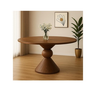 <b>Round</b> Wooden <b>Dining</b> <b>Table</b> with Geometric Pedestal Base Circular Kitchen <b>Table</b> with Sculptural Hourglass Cone Stand - Product Image 1