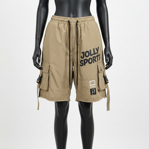 Shorts cargo coupe-vent pour femmes en tissu nylon GSM, panneaux kaki et noirs, impression sérigraphique, logo personnalisé - Product Image 6