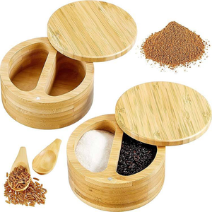 Contenedor Redondo de Bambú para Almacenamiento de Especias, Sal y Pimienta, con Dos Compartimentos y Tapa Magnética, Venta al Por Mayor - Product Image 1