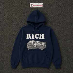 Sweat-shirt à capuche surdimensionné bleu marine personnalisé avec imprimé graphique Rich Letter Money Stack, style streetwear pour hommes, vente en gros - Product Image 5