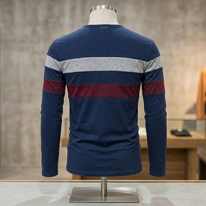 Custom Mens Long Sleeve Henley Shirts Fashion Striped Color Block T Shirt Slim Fit Comfortable Cotton Knitted Apparel Tops - Product Image 4