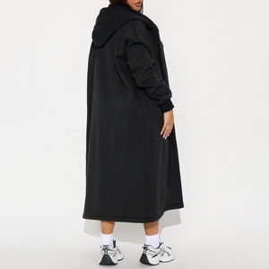 Custom Logo <b>Black</b> <b>Hooded</b> Long <b>Cardigan</b> Coat <b>Women</b> Open Front Drop Shoulder Oversized Maxi with Pockets Casual Fleece Trench Coat - Product Image 2