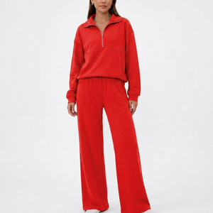 Ensemble de survêtement 2 pièces pour femme : sweat-shirt demi-zip et pantalon de jogging large, coupe décontractée, tenue d'automne, couleur unie, manches longues - Product Image 2
