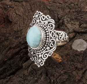 Bague vintage en larimar sertie en bélière, argent sterling 925, bijoux en pierres précieuses naturelles faits à la main, style bohème classique, solitaire délicat, unisexe - Product Image 4