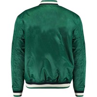 Blouson Varsity Vert Homme avec Boutons Pression, Patch Lettre A, Col et Poignets Côtelés – Veste Bomber Sportive en Satin pour l'Automne – En Vente