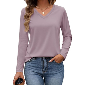 เสื้อเชิ้ตแขนยาวคอวีผู้หญิง สีพื้น เรียบง่าย สวมใส่สบาย ทรงปกติ รับทำโลโก้ตามสั่ง OEM ODM เสื้อแขนยาวผู้หญิง - Product Image 1