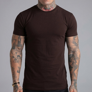 เสื้อยืดคอกลมแขนสั้นผู้ชายทรงสลิมฟิตผ้าฝ้ายเจอร์ซีย์สีทึบสวมใส่สบายๆสีน้ำตาลเข้ม - Product Image 5