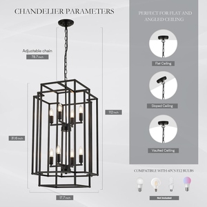 <b>Modern</b> <b>Black</b> Rectangular Lantern Chandelier Contemporary Metal Hanging Pendant <b>Light</b> Industrial Farmhouse Cage <b>Ceiling</b> Lamp - Product Image 6