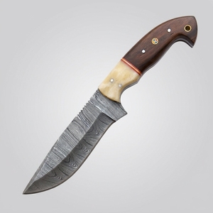 Cuchillo de Desollar de Acero de Damasco Hecho a Mano, Mango de Madera y Hueso con Funda de Cuero, para Caza, Camping, EDC, Hoja Fija para Exteriores - Product Image 4