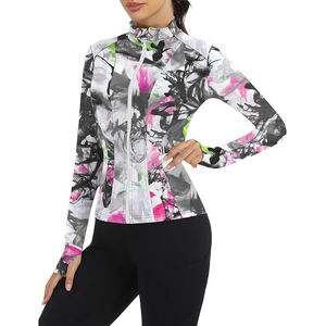 Women's Three Quarter Sleeve Ribbed Printed Yoga <b>Jacket</b> Stand Neck Zipper Fly Breathable Reflective Spandex Polyester Sport Top - Product Image 1