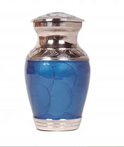 Urna Funeraria de Aluminio Azul, Recuerdo Metálico, Florero Conmemorativo de Mesa, Urna para Cenizas con Impresión Personalizada - Artesanía India - Product Image 1