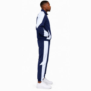 Survêtement sportif pour homme bleu marine et blanc à blocs de couleur, manches longues, fermeture éclair sur le devant, coupe classique, idéal pour le printemps - Product Image 4