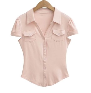 Camisa de Manga Corta para Mujer, Cuello Camisero, Color Sólido, Blusa Casual con Bolsillos, Corte Regular - Product Image 6
