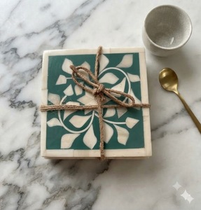 Ensemble de sous-verres écologiques en bois avec incrustations de os, carrés, pour la décoration classique de table à manger, table basse et fêtes - Product Image 1