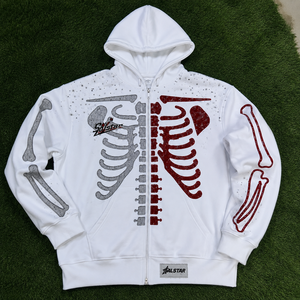 Sudadera con Capucha y Cierre de Cremallera para Hombre, Color Blanco, Estampado de Esqueleto, Forro Polar, Informal, para Invierno, Ecológica, Marca Salstar - Product Image 6