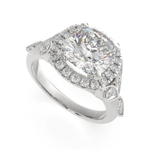 18K White Gold Cushion Cut Lab Grown Diamond Halo Engagement <b>Ring</b> | Vintage Milgrain Floral Band | IGI Certified Luxury Solitai - Product Image 4