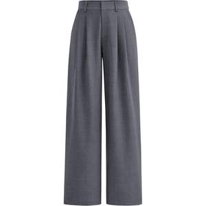 Pantalon large à taille haute pour femme, couleur unie, plissé, coupe ample, longueur complète, style décontracté, gris, en polyester, pantalon en molleton - Product Image 3