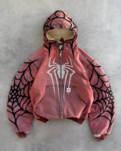 Oversized Spider Web Print Hooded Fleece Jacket <b>Men's</b> Casual Zipper Sweatshirt Autumn Style <b>Red</b> Black Pattern Design - Product Image 2