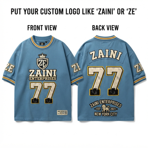 เสื้อฟุตบอลอเมริกันชาย พรีเมียม ผ้าคอตตอนโพลีเอสเตอร์ 240 GSM สีน้ำเงินทอง ดีไซน์ลายแผง  ปักโลโก้แบบแอพพลิเค่  ทรงพอดีตัว - Product Image 1