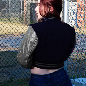 Womens Varsity Crop <b>Jacket</b> Navy Blue <b>Silver</b> Letterman Style Bomber Coat Faux Leather Sleeves Casual Outerwear Ladies Fashion - Product Image 5