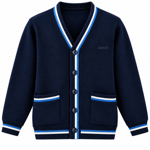 Wholesale Custom School <b>Cardigan</b> Kids Uniform Knit Sweater V Neck Button Front with Logo Striped Ribbing - Product Image 1