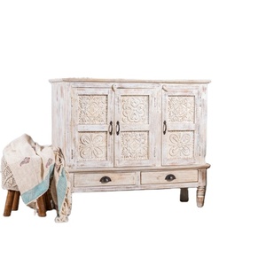 Vintage Indian wooden <b>sideboard</b> with carved decorations <b>Sideboard</b> in <b>White</b> Distressed Finish - Product Image 4